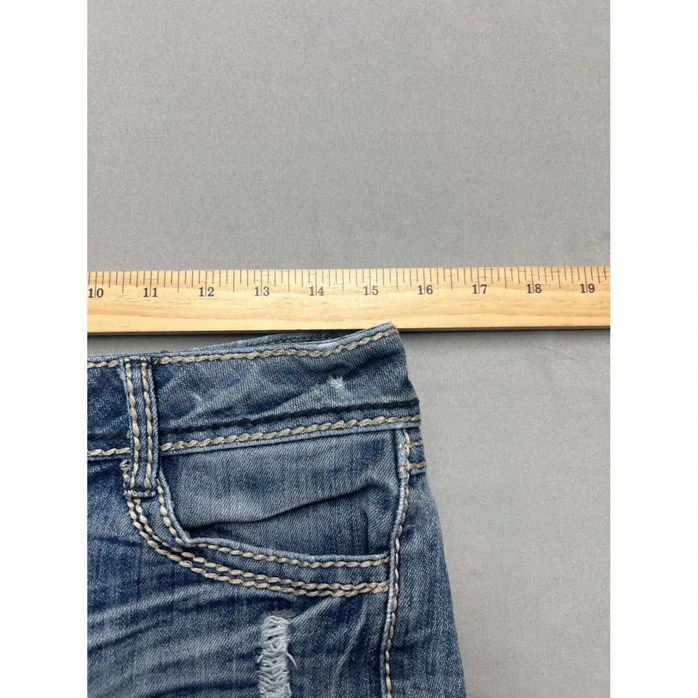 YMI Womens Denim Shorts Medium Wash Distressed Low Rise Contrast Stitch Size 7/8